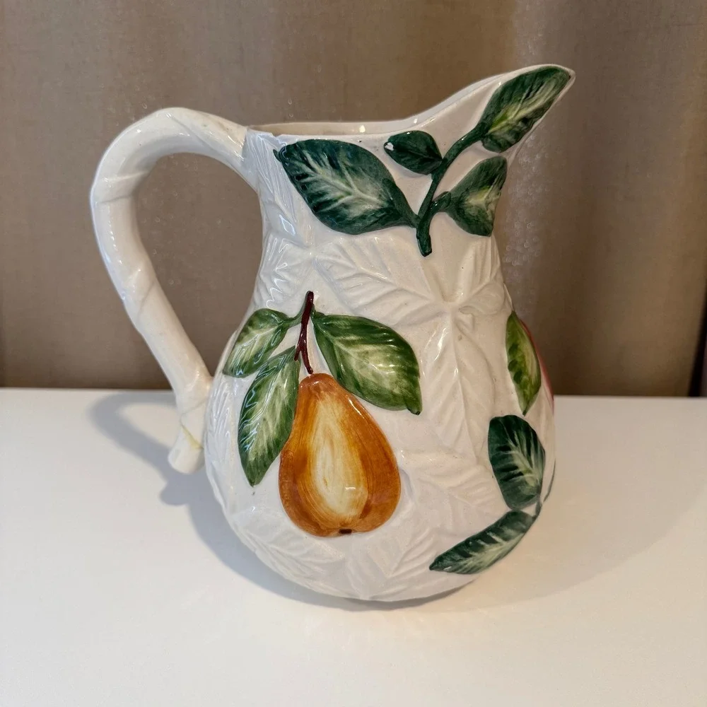 Vintage JF Portugal Ceramic Fruit Pitcher‎ 950 Embossed Hand Painted 3D Design